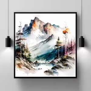 snowy mountain nature and riverbank Watercolor Landscape Painting Nature Modern Scenery Decor Art Stock Photos