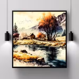 Peaceful natural scenery by the stream Landscape Painting Nature Modern Scenery Decor Art Stock Photos