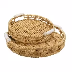 Twisted Harmony Natural Seagrass Tray with Ceramic Handle Round Trays (Set of 2)