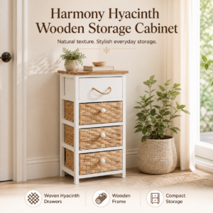 Harmony Hyacinth Wooden Storage Cabinet Natural Woven Water Hyacinth Drawers for Bedroom Entryway Bathroom Living Room Compact Storage