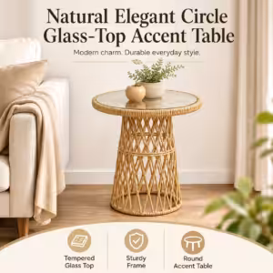 Modern Round Glass Accent Table – Elegant Gold Frame Side Table for Living Room, Bedroom & Small Spaces