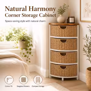 Natural Corner Storage Cabinet with Seagrass Drawers – Space Saving Wood Accent Cabinet for Bathroom, Bedroom & Living Room