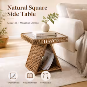 Natural Square Side Table with Tempered Glass Top & Magazine Holder – Compact End Table for Living Room, Bedroom & Small Spaces