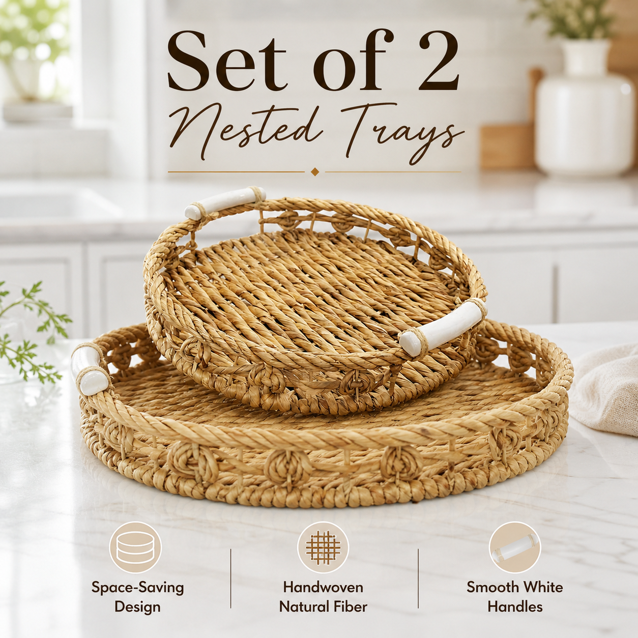 Twisted Harmony Natural Seagrass Tray with Ceramic Handle Round Trays (Set of 2) 2