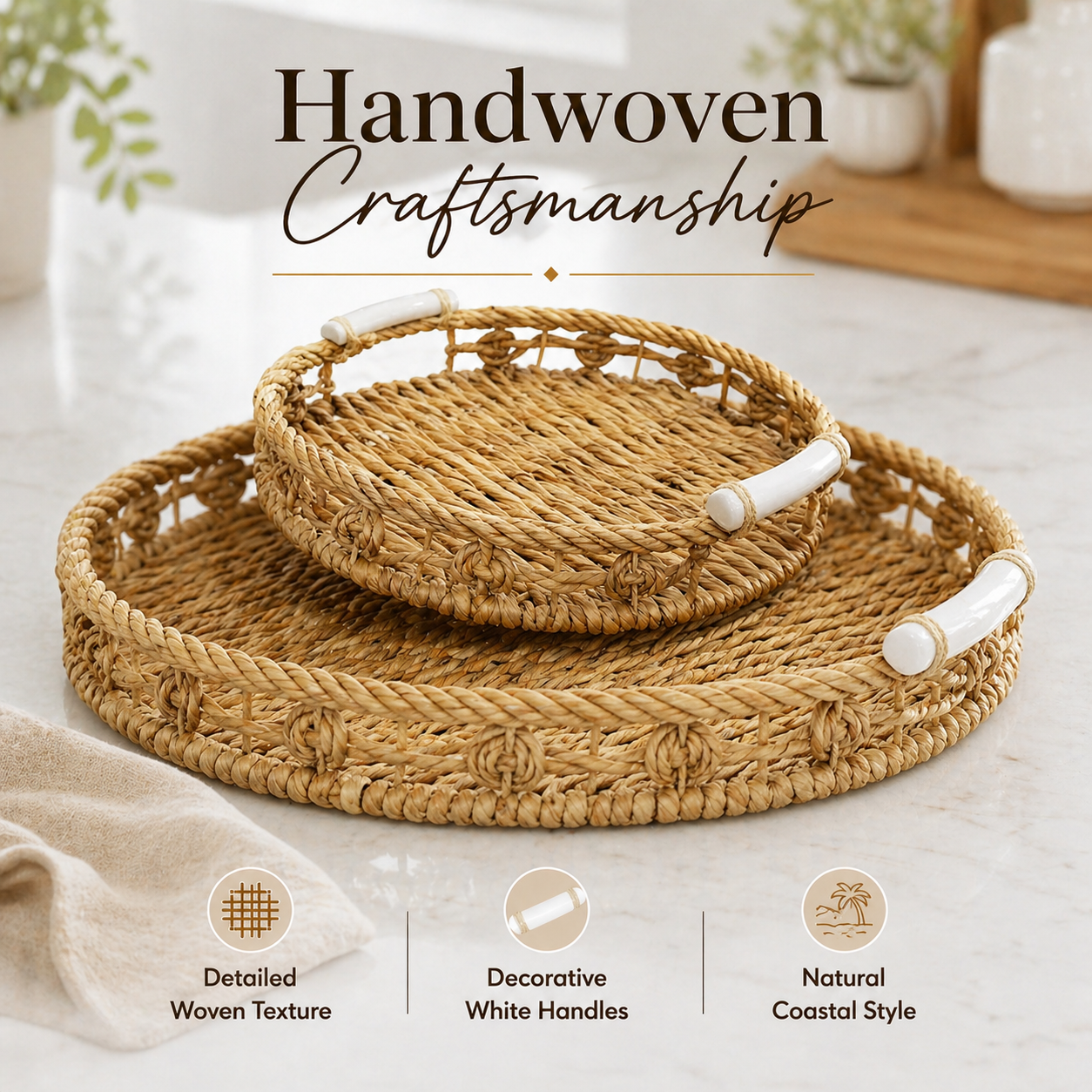 Twisted Harmony Natural Seagrass Tray with Ceramic Handle Round Trays (Set of 2) 3