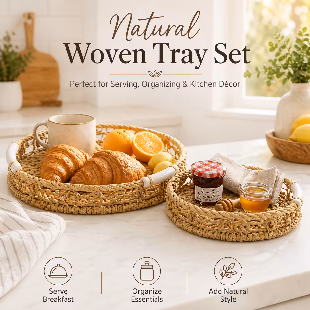 Natural Round Organizer Tray with Ceramic Center, Handwoven Decorative Basket for Coffee Table & Home Décor