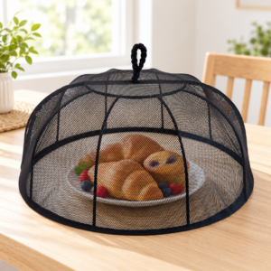 Elegant Black Mesh Food Shield - Stylish Protection for Indoor & Outdoor Dining - Lightweight & Portable - Fold-Flat Storage - Keeps Bugs Away