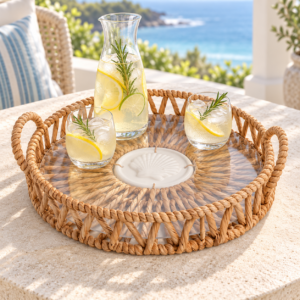 Natural Round Organizer Tray with Ceramic Center, Handwoven Decorative Basket for Coffee Table & Home Décor