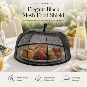 Zonfair Elegant Black Mesh Food Shield - Stylish Protection for Indoor & Outdoor Dining - Lightweight & Portable - Fold-Flat Storage - Keeps Bugs Away