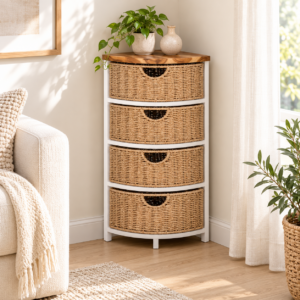 Natural Corner Storage Cabinet with Seagrass Drawers – Space Saving Wood Accent Cabinet for Bathroom, Bedroom & Living Room