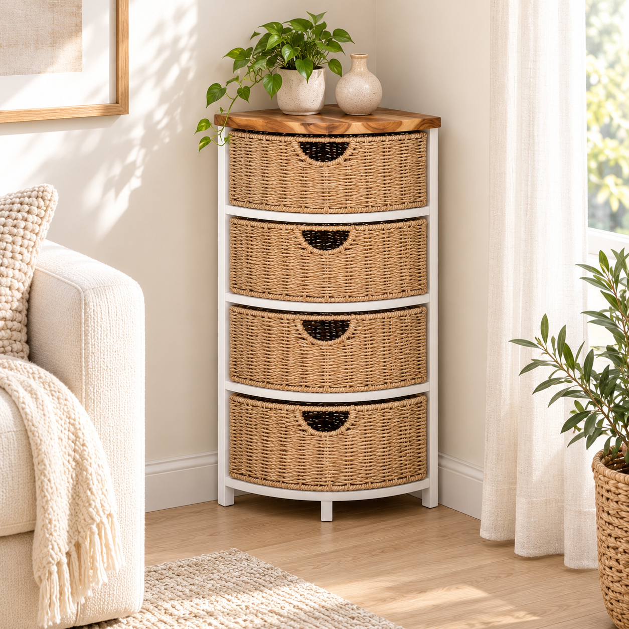 Natural Corner Storage Cabinet with Seagrass Drawers – Space Saving Wood Accent Cabinet for Bathroom, Bedroom & Living Room