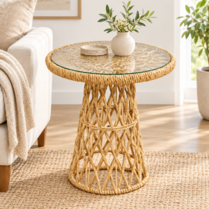 Modern Round Glass Accent Table – Elegant Gold Frame Side Table for Living Room, Bedroom & Small Spaces