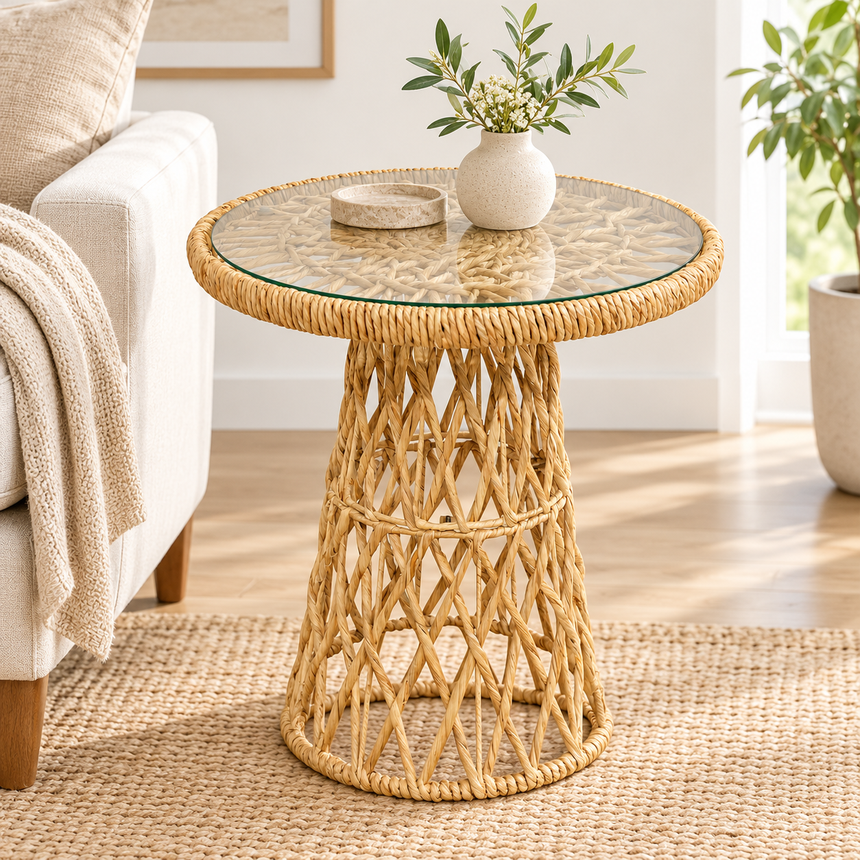 Modern Round Glass Accent Table – Elegant Gold Frame Side Table for Living Room, Bedroom & Small Spaces