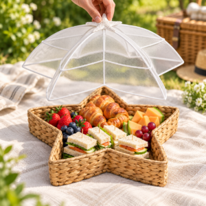 Starry Night Seagrass Serving Tray with Mesh Cover, Natural Woven Food Cover Tray for Outdoor Entertaining, Indoor Serving & Home Decor