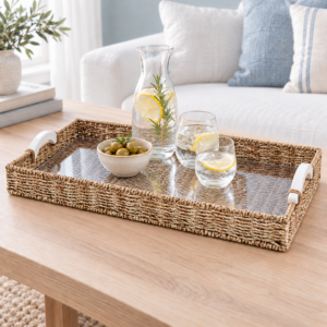 Coastal Elegance Rectangular Seagrass Tray with White Handles Natural Woven Texture Decorative Serving Organizer Basket