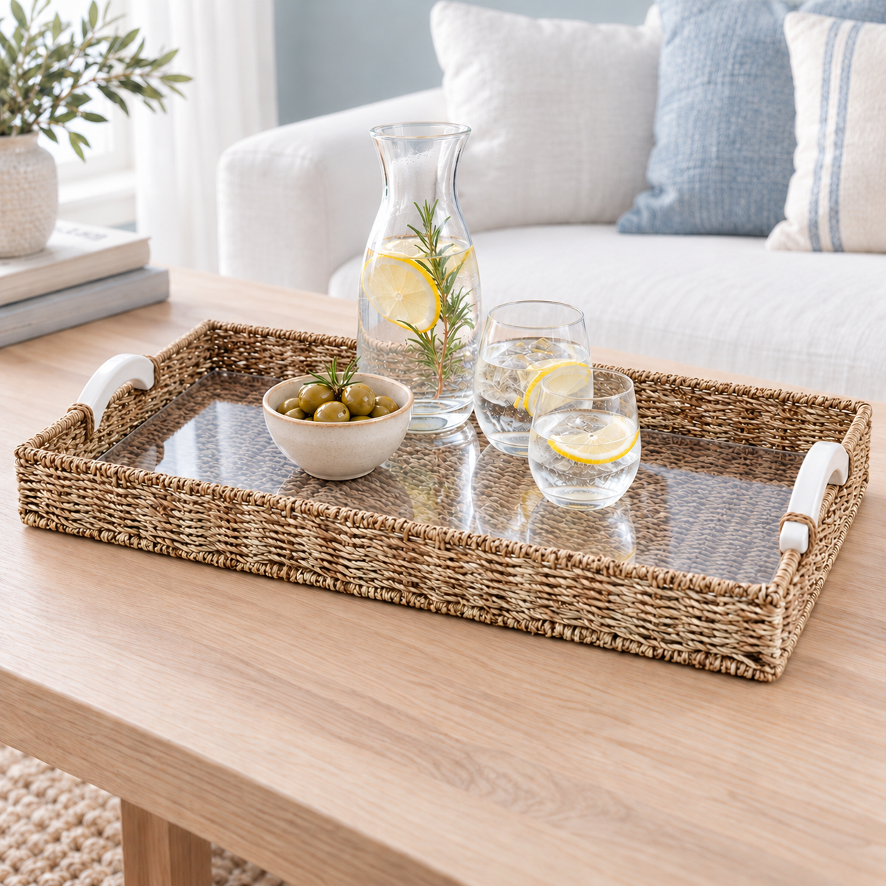 Coastal Elegance Rectangular Seagrass Tray with White Handles Natural Woven Texture Decorative Serving Organizer Basket