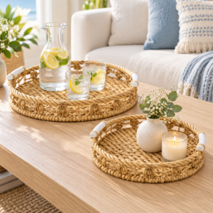 Natural Round Organizer Tray with Ceramic Center, Handwoven Decorative Basket for Coffee Table & Home Décor