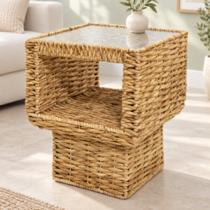Natural Elegance Tempered Glass Accent Table, Compact Side Table for Living Room, Bedroom, Entryway & Small Spaces
