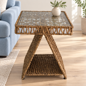 Natural Square Side Table with Tempered Glass Top & Magazine Holder – Compact End Table for Living Room, Bedroom & Small Spaces