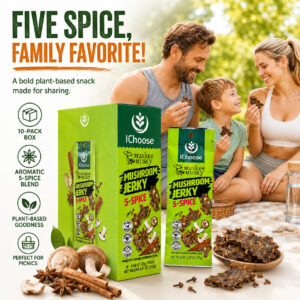 Zonfair Vegan Mushroom Jerky 5-Spice Flavor – Healthy Plant Based Snack Box, 10 Packs High Protein