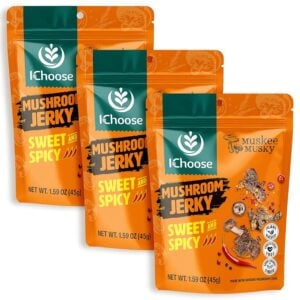 iChoose Mushroom Jerky, Sweet & Spicy Vegan Snack, Gluten Free Plant-Based Jerky, 3 Pack 45g