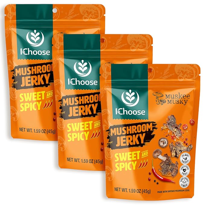 iChoose Mushroom Jerky, Sweet & Spicy Vegan Snack, Gluten Free Plant-Based Jerky, 3 Pack 45g