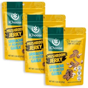 iChoose Mushroom Jerky, Sriracha Roasted Garlic Vegan Snack, Gluten Free Plant-Based Jerky, 3 Pack 45g