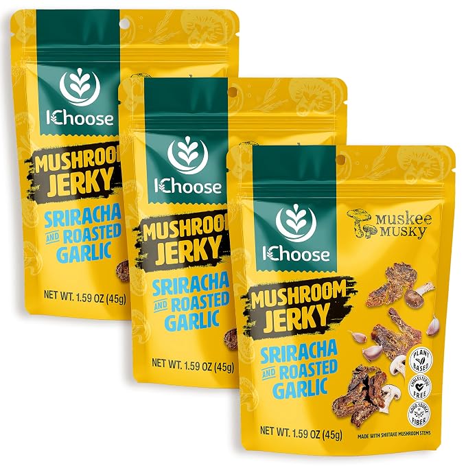 iChoose Mushroom Jerky, Sriracha Roasted Garlic Vegan Snack, Gluten Free Plant-Based Jerky, 3 Pack 45g