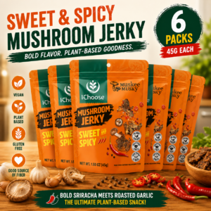 Zonfair Sweet & Spicy Mushroom Jerky, Vegan Gluten-Free Plant-Based Snack, 6-Pack, 45G
