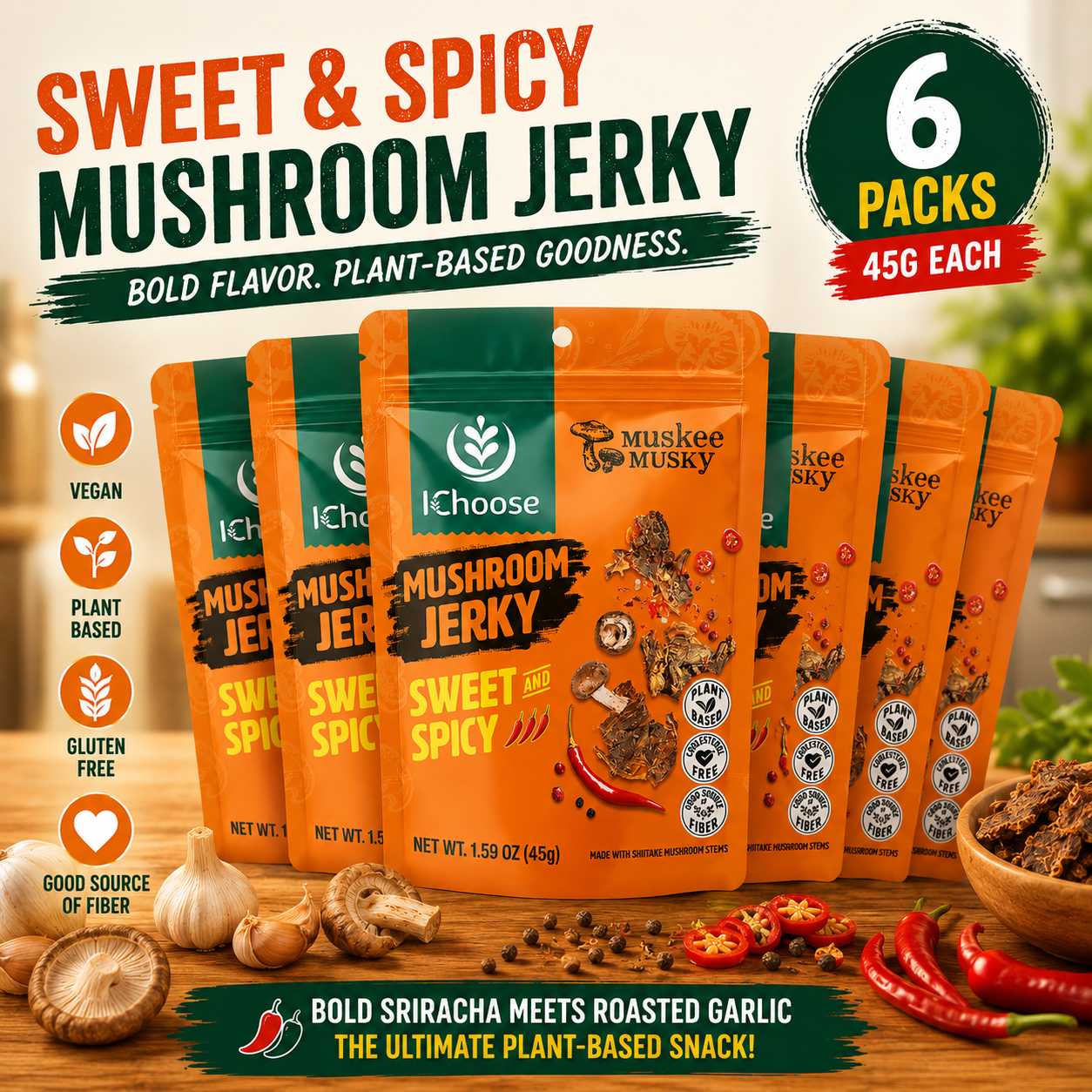 Zonfair Sweet & Spicy Mushroom Jerky Vegan Snack – Gluten Free Plant Based 6 Pack 45G