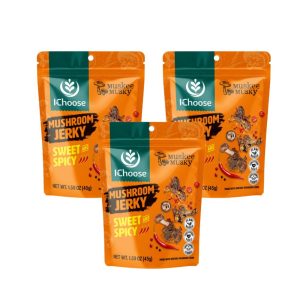 Zonfair's Mushroom Jerky Sweet & Spicy - Vegan, Gluten-Free, 3-Pack (45g Each)