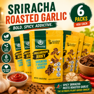 Zonfair Sriracha Roasted Garlic Mushroom Jerky Vegan Snack – Gluten Free Plant Based 6 Pack 45G