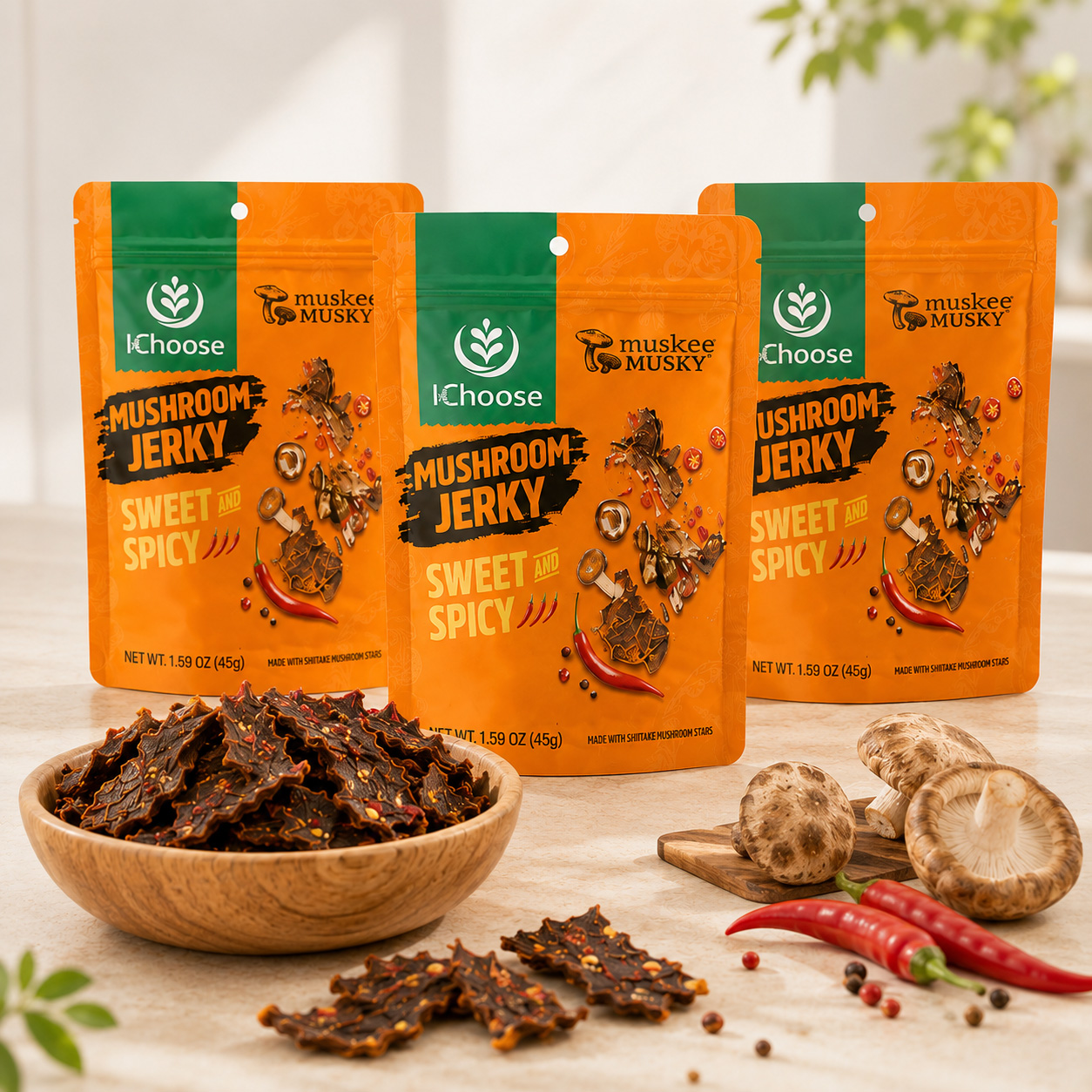 Zonfair-Sweet-&-Spicy-Mushroom-Jerky,-Vegan-Gluten-Free-Plant-Based-Snack,-3-Pack,-45G