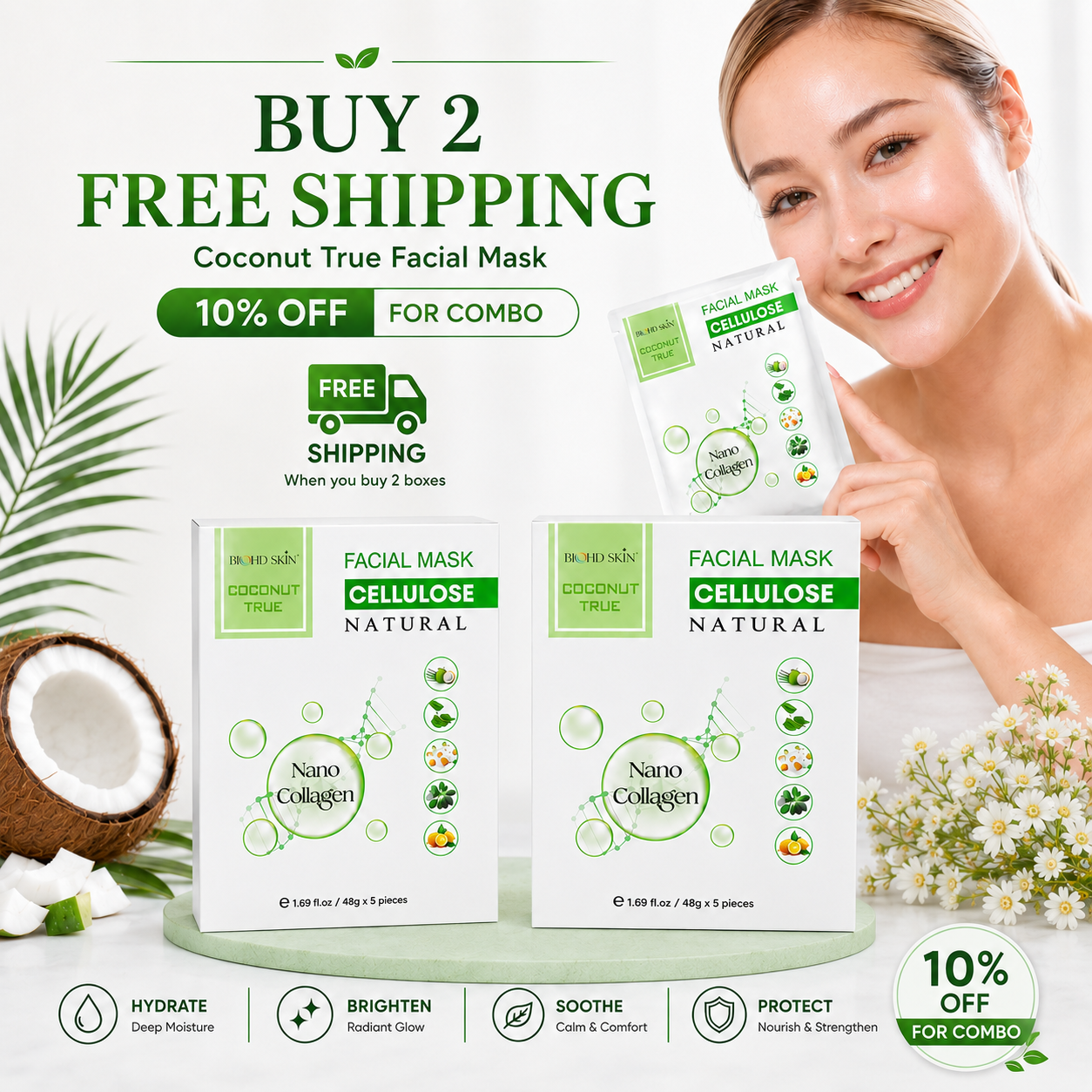 BIOHD SKIN Coconut True Cellulose — Nano Collagen Facial Sheet Mask (5 Sheets Box) – Buy 2 Get 1 Free 2 1