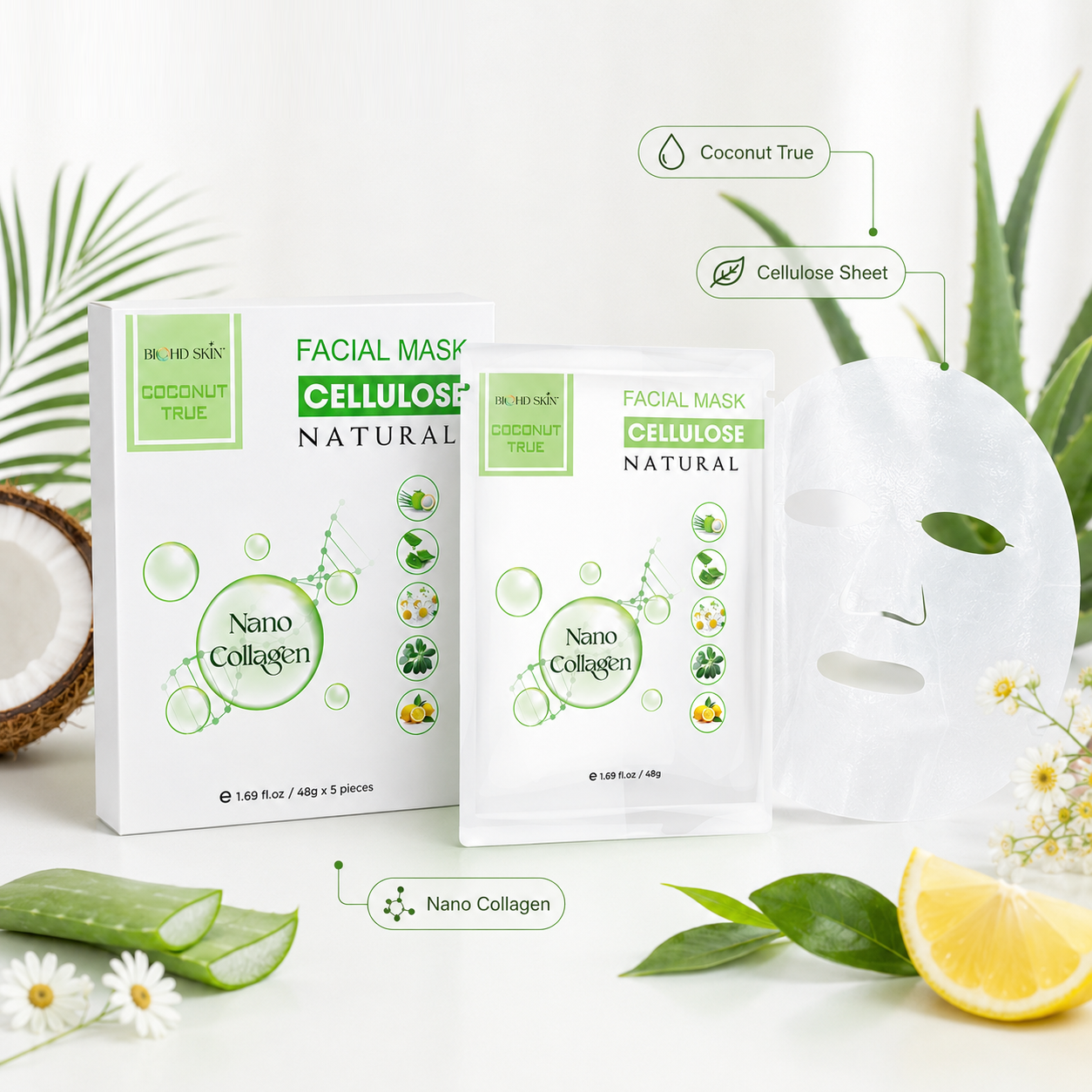 BIOHD SKIN Coconut True Cellulose — Nano Collagen Facial Sheet Mask (5 Sheets Box) – Buy 2 Get 1 Free 3