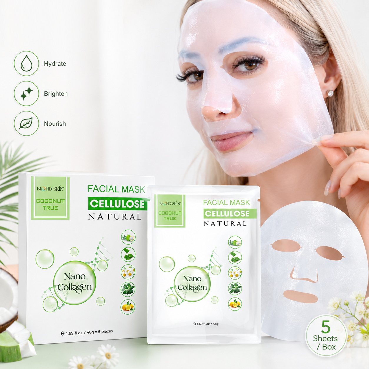 BIOHD SKIN Coconut True Cellulose — Nano Collagen Facial Sheet Mask (5 Sheets Box) – Buy 2 Get 1 Free