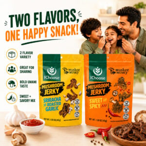 Zonfair Mushroom Jerky Variety 2-Pack – Vegan Plant Based Snack, Sweet Spicy & Sriracha Garlic