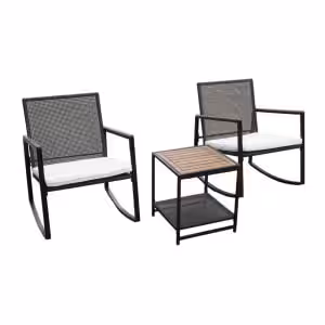 Wicker Rocking Chair Patio Bistro Set with Solid Acacia Table – Compact Outdoor Seating