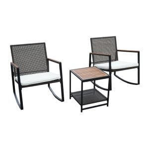 Wicker Rocking Chair Patio Bistro Set with Solid Acacia Table – Compact Outdoor Seating