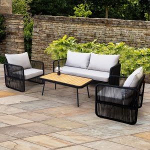 Black Rope Patio Conversation Set with Acacia Wood Coffee Table – Modern Outdoor Seating