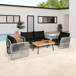 Light Grey Rope Patio Conversation Set with Acacia Wood Coffee Table – Modern Outdoor Seating