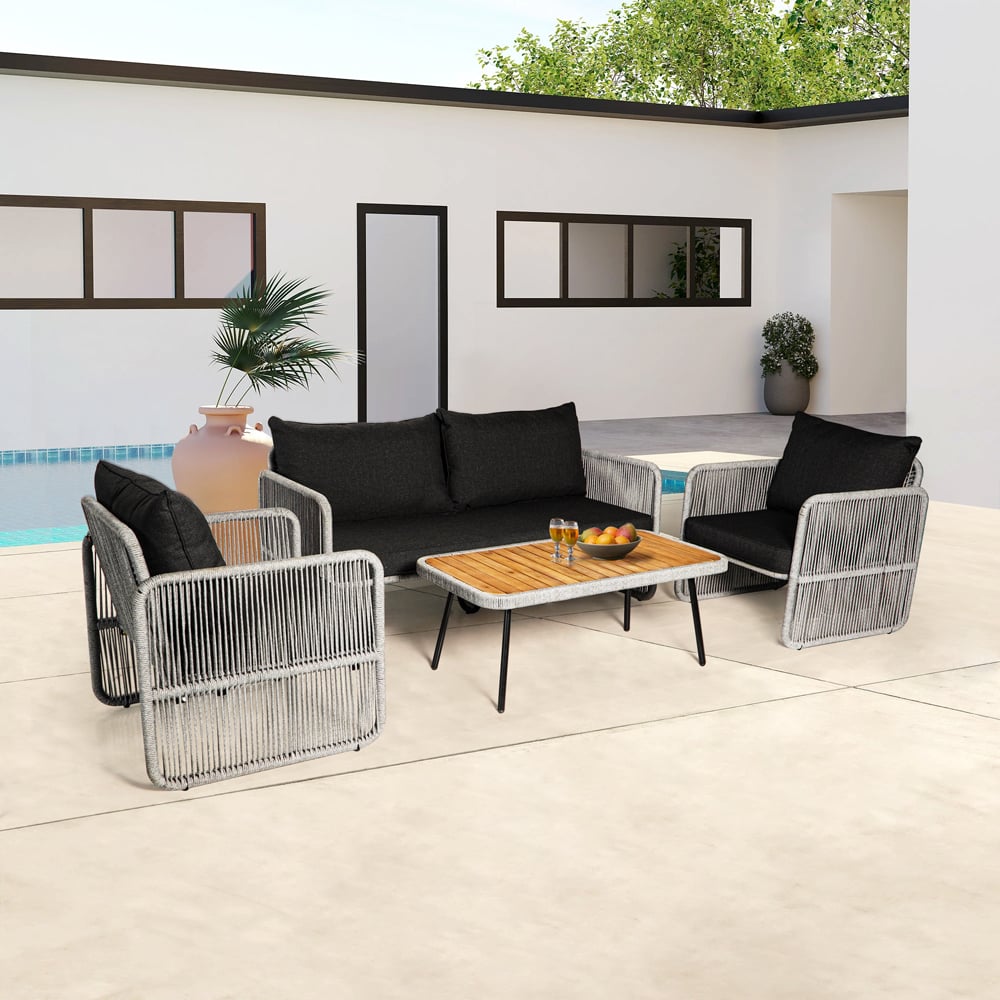 Light Grey Rope Patio Conversation Set with Acacia Wood Coffee Table – Modern Outdoor Seating