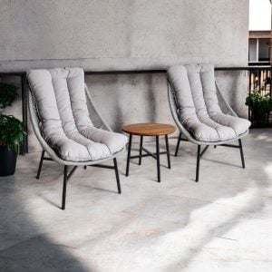 Modern Rope Patio Bistro Set with Acacia Wood Side Table – 3-Piece Outdoor Seating Set