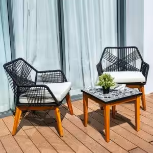 Acacia Wood Patio Bistro Set with Mosaic Table & Rope Weave Chairs – Outdoor 3-Piece Furniture Set