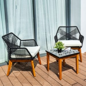 Acacia Wood Patio Bistro Set with Mosaic Table & Rope Weave Chairs – Outdoor 3-Piece Furniture Set