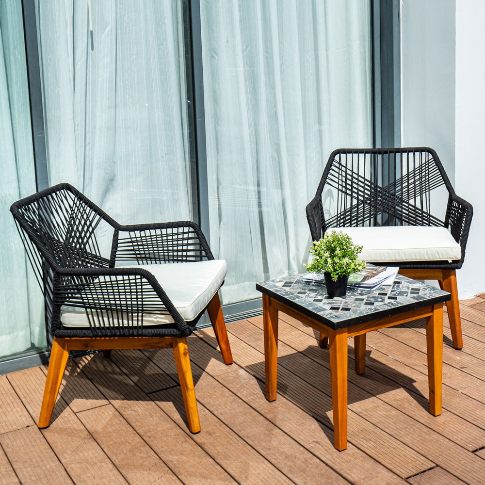 Acacia Wood Patio Bistro Set with Mosaic Table & Rope Weave Chairs – Outdoor 3-Piece Furniture Set