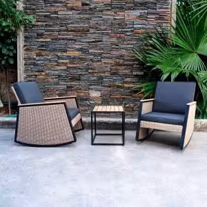 Wicker Rocking Chair Patio Bistro Set with Acacia Side Table – Compact Outdoor Seating