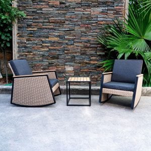 Wicker Rocking Chair Patio Bistro Set with Acacia Side Table – Compact Outdoor Seating