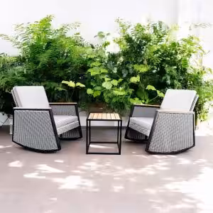 Grey Wicker Rocking Chair Patio Bistro Set with Acacia Side Table – Compact Outdoor Seating