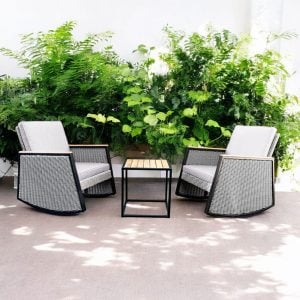 Grey Wicker Rocking Chair Patio Bistro Set with Acacia Side Table – Compact Outdoor Seating